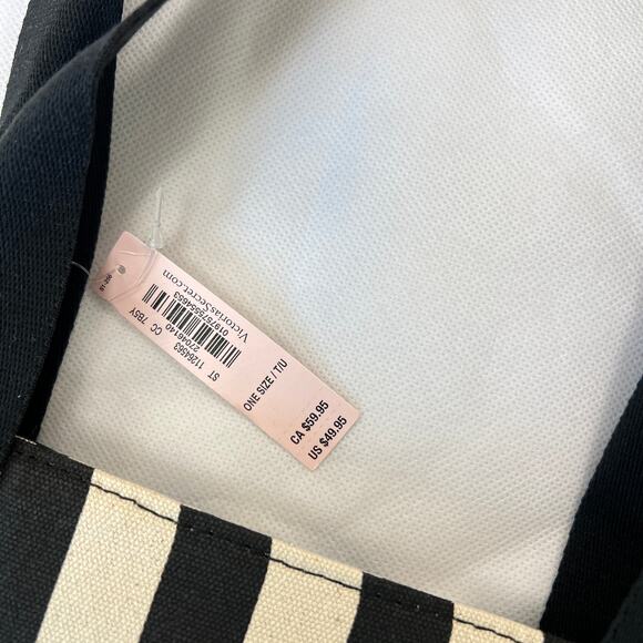Victoria's Secret Pink Tote Weekender Bag Black Off White Vertical Stripe Canvas - Picture 5 of 5